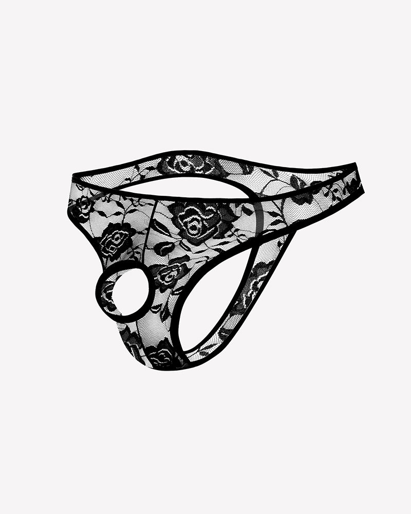 Black lace bikini briefs with floral pattern and oval front cutout.
