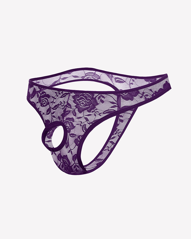 Purple lace bikini briefs with floral pattern and oval front cutout.