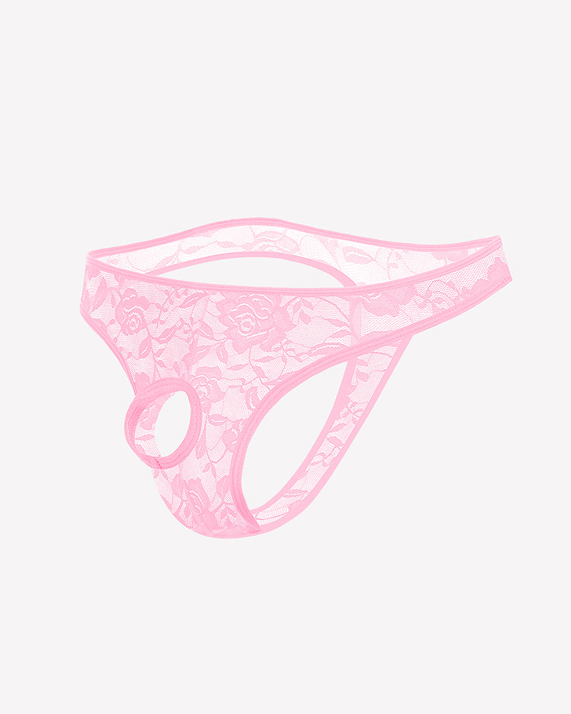 Pink lace bikini briefs with floral pattern and oval front cutout.