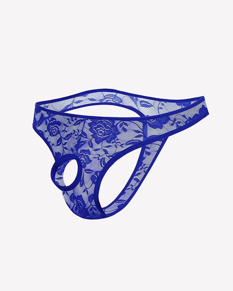 Blue lace bikini briefs with floral pattern and oval front cutout.