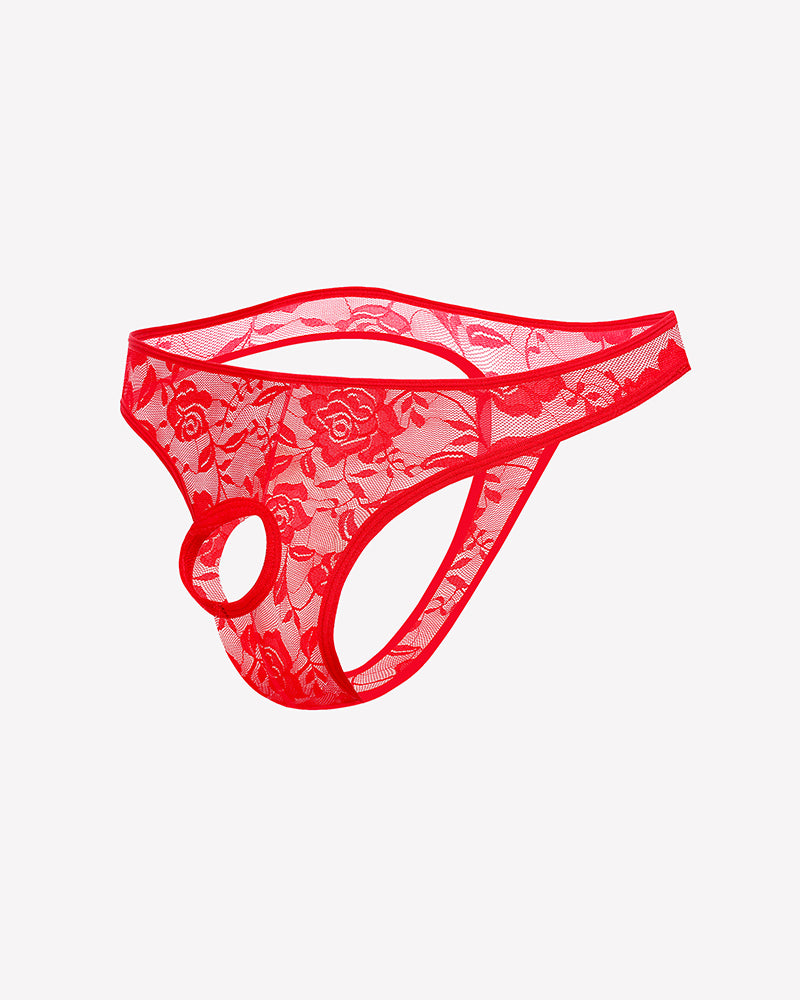 Red lace bikini briefs with floral pattern and oval front cutout.