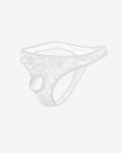 White lace bikini briefs with floral pattern and oval front cutout.