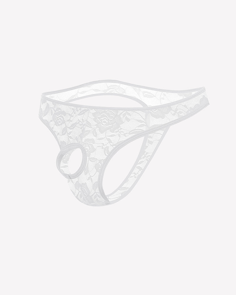 White lace bikini briefs with floral pattern and oval front cutout.