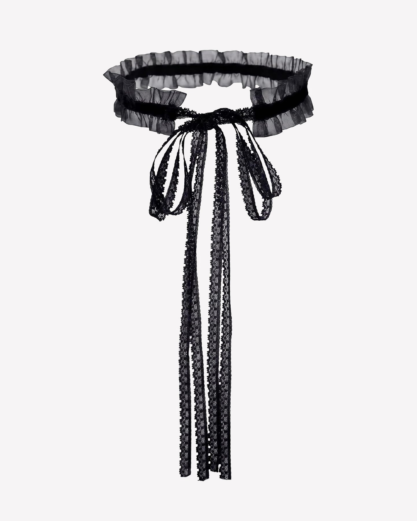 Black lace Victorian choker with ruffled collar and long ribbon ties