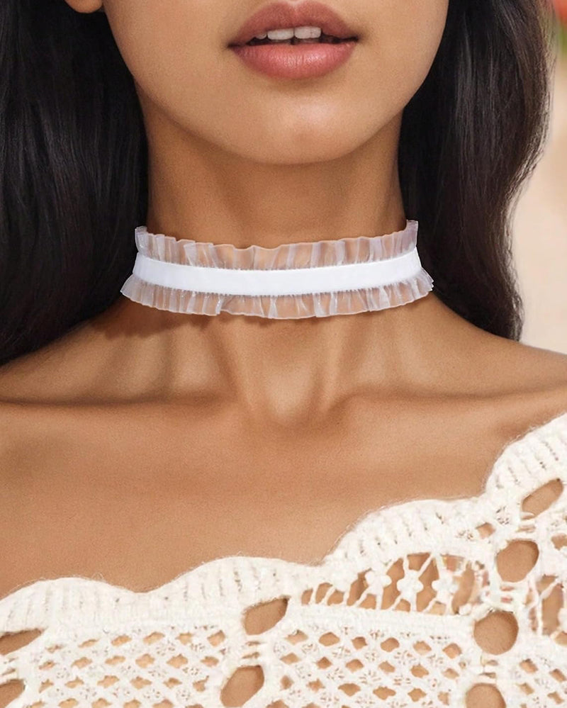 White lace choker with layered ruffled edge, close-up on neck