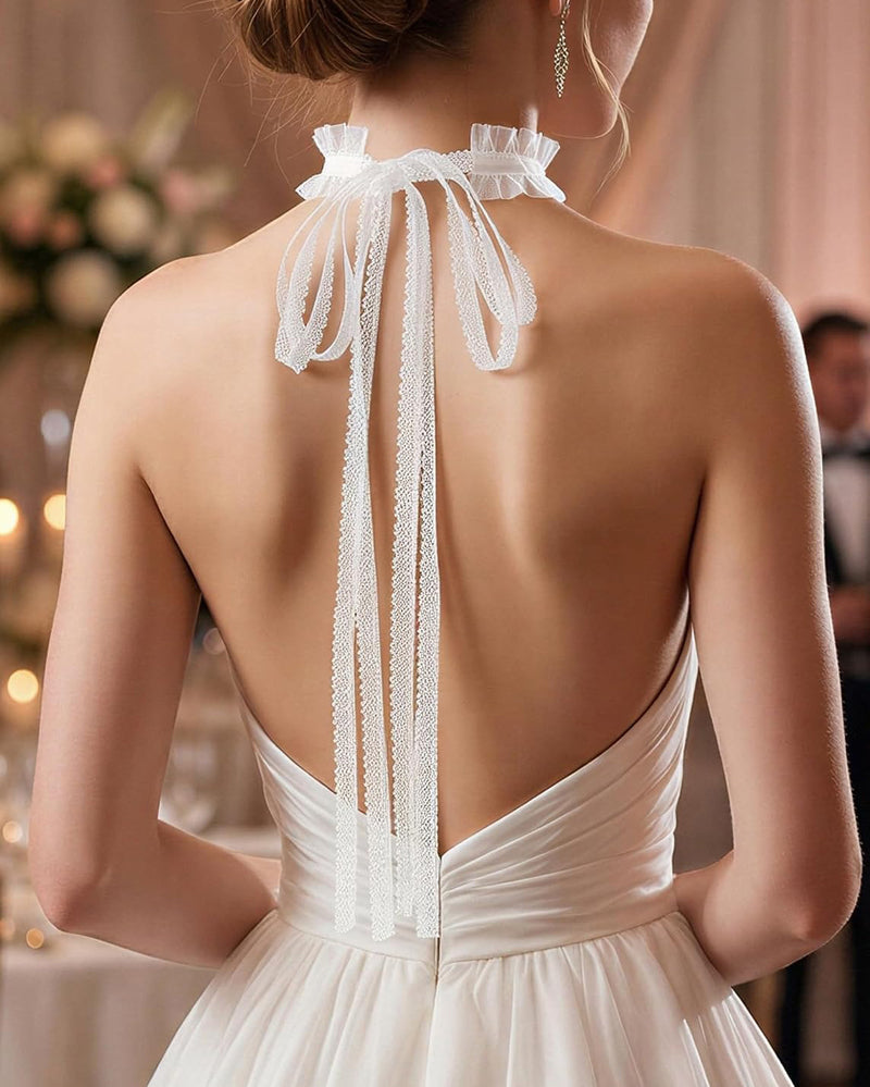 White lace back choker collar with tassel ties