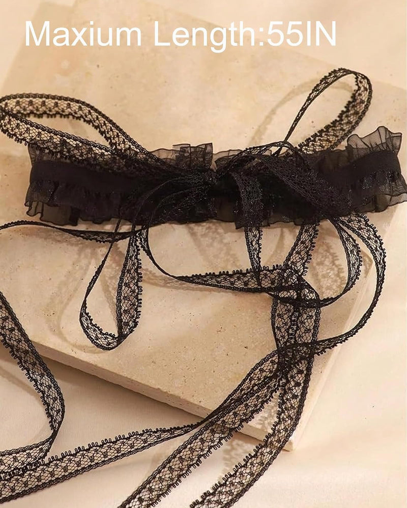 Black lace choker cords with bow-style tie ends and scalloped lace trim