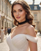 Black lace choker collar with ruffled trim, worn around the neck