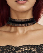 Black lace choker with ruffled edge and scalloped lace neckline trim