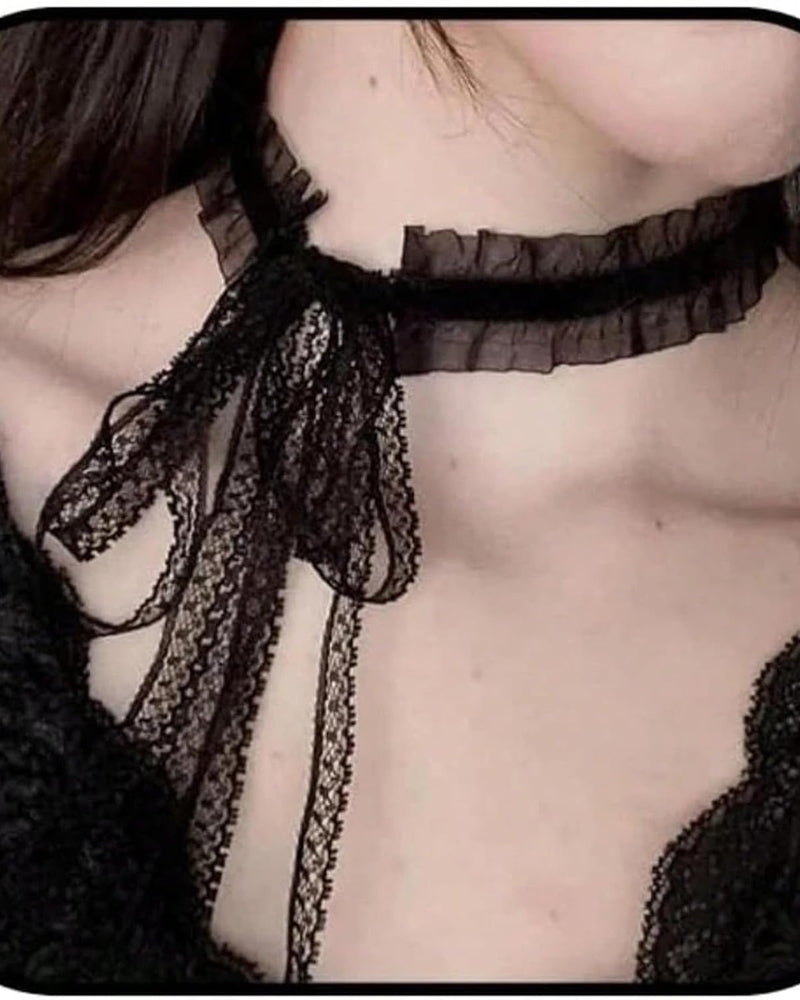 Black lace choker with bow ties and textured lace trim at the neckline