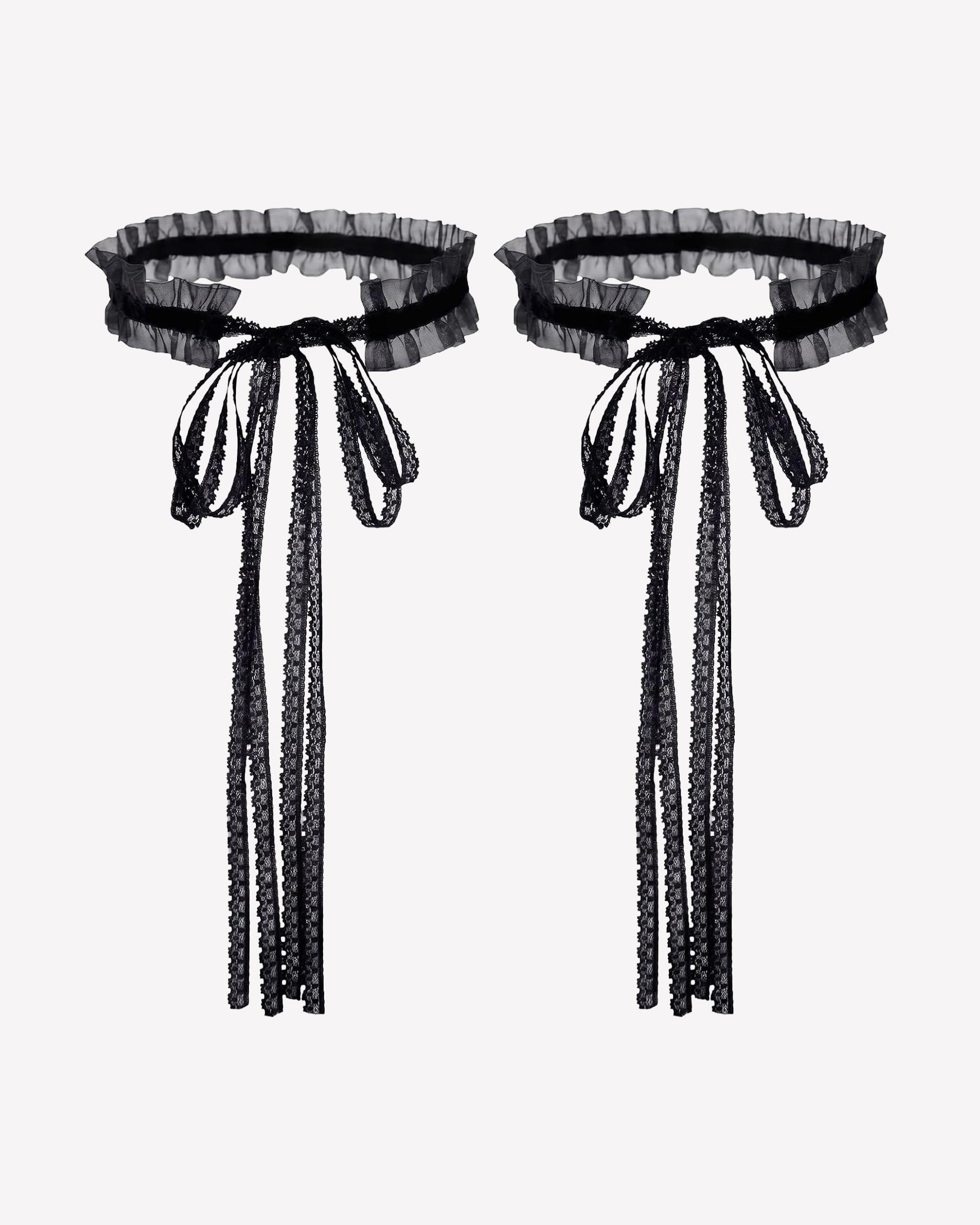 Black lace Victorian choker with ruffled collar and hanging ribbon ties (pair)