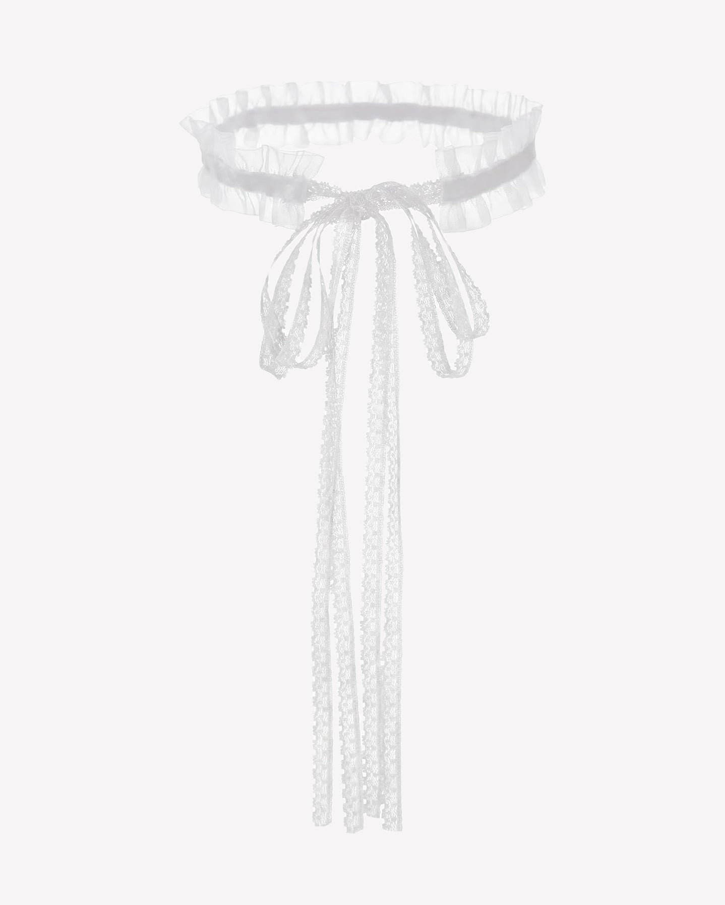 White lace Victorian choker with ruffled collar and long hanging ribbon ties