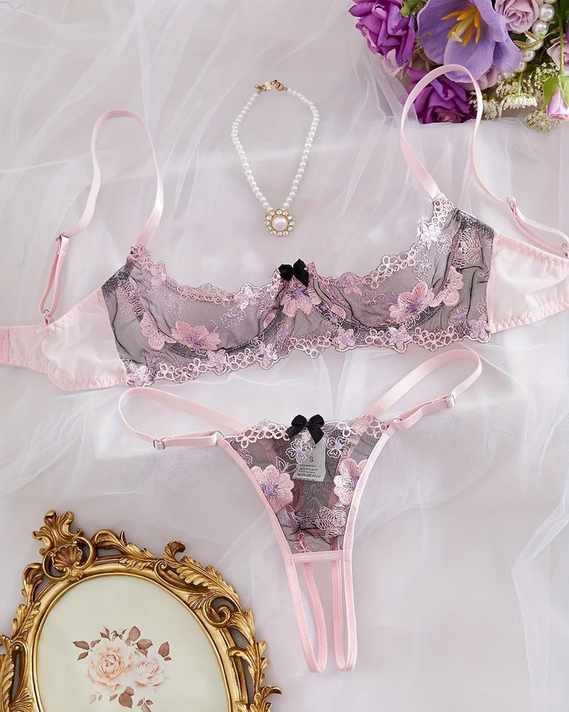 Embroidered underwire bra and panty set in lilac-pink lace with floral appliques