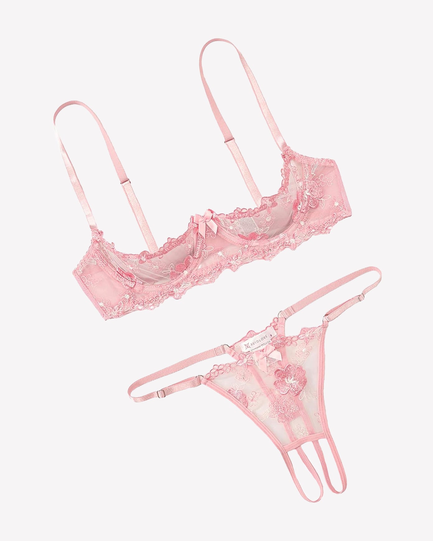 Embroidered underwire bra and thong set in soft pink lace with floral embroidery