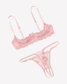 Embroidered underwire bra and thong set in soft pink lace with floral embroidery