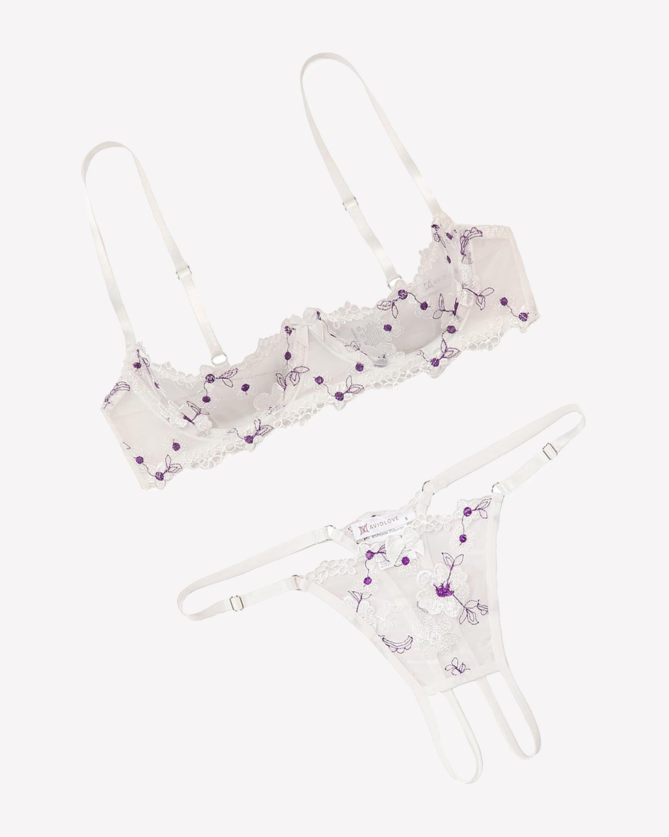 Embroidered bra and panty set with open cups, lilac floral lace trim, white straps