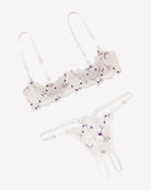 Embroidered bra and panty set with open cups, lilac floral lace trim, white straps