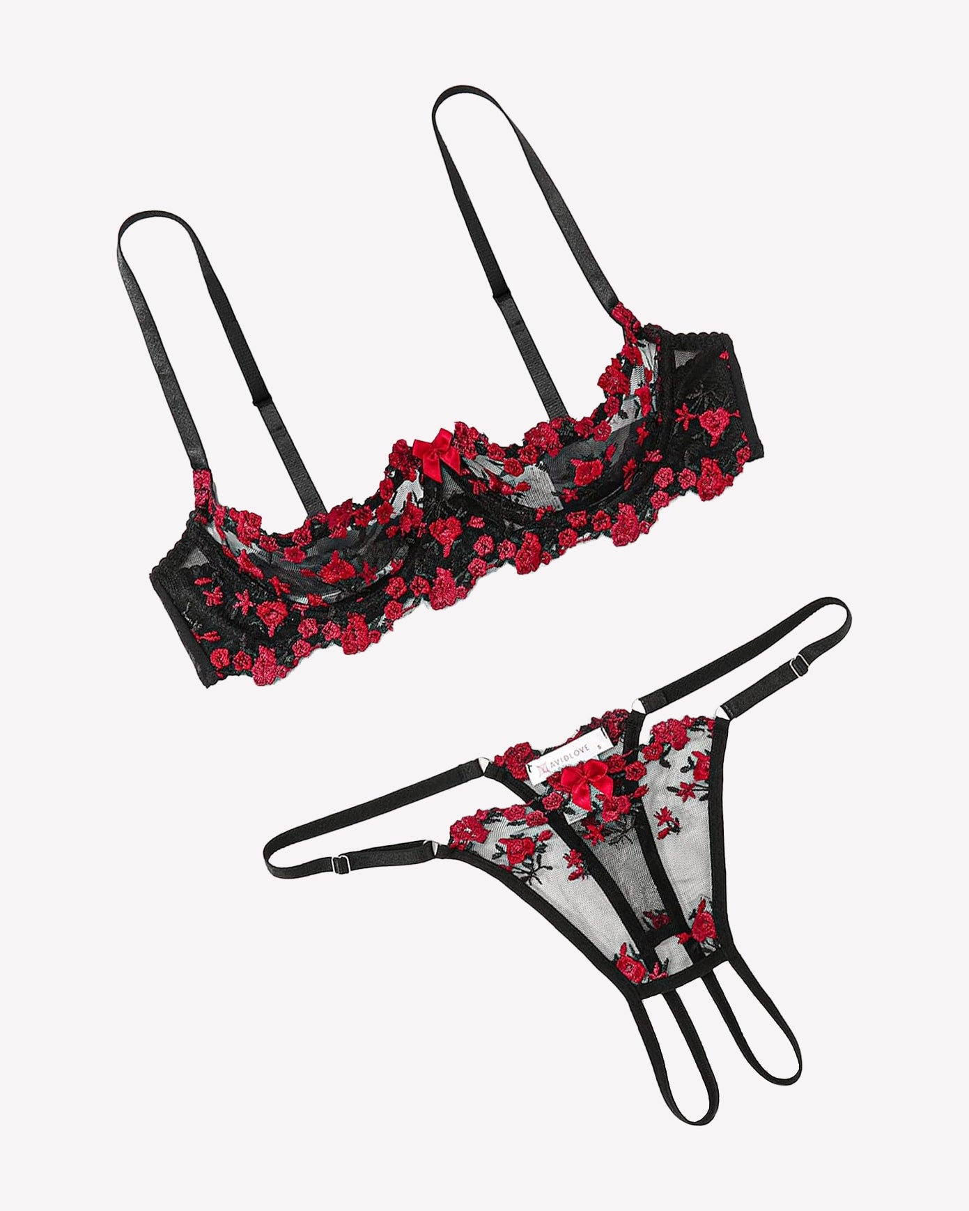 Embroidered bra and panty set with open cups, black mesh and red floral lace trim