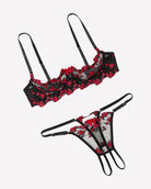 Embroidered bra and panty set with open cups, black mesh and red floral lace trim