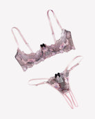 Embroidered bra and panty set with open cups, lilac lace with floral embroidery, sheer panels