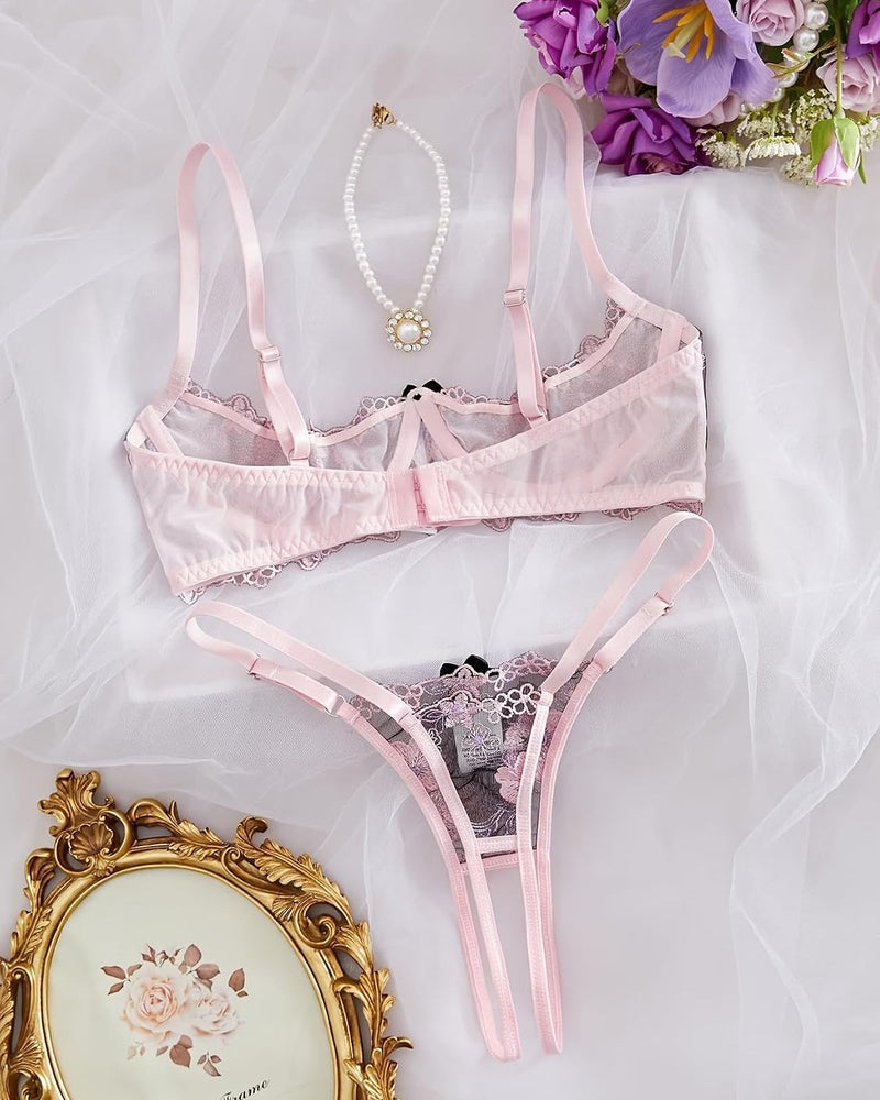 Embroidered underwire bra and thong panty set in lilac-pink lace with bow accents