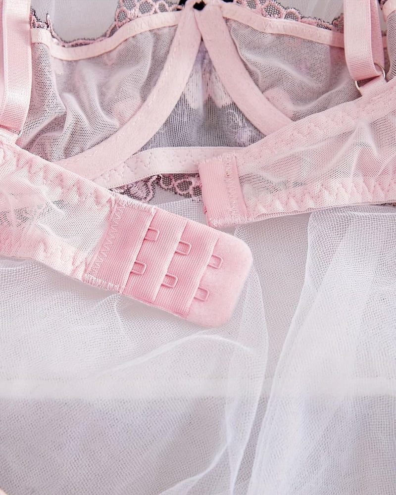 Lilac-pink embroidered thong panty with adjustable straps and bow detail
