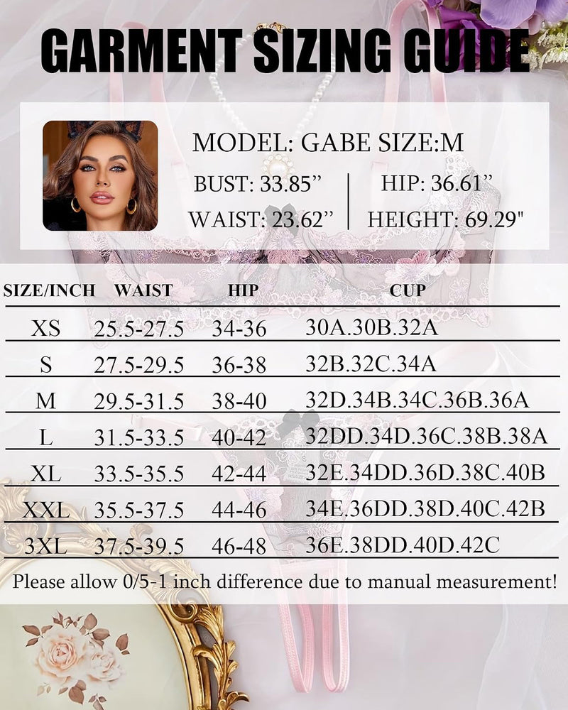 Garment sizing guide card for embroidered bra and panty set