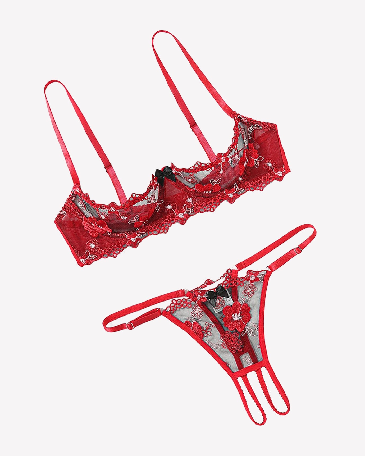 Embroidered underwire bra and thong set in red lace with floral embroidery