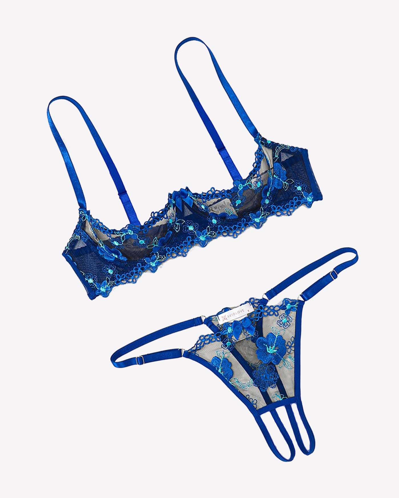 Embroidered underwire bra and thong set in blue lace with floral embroidery