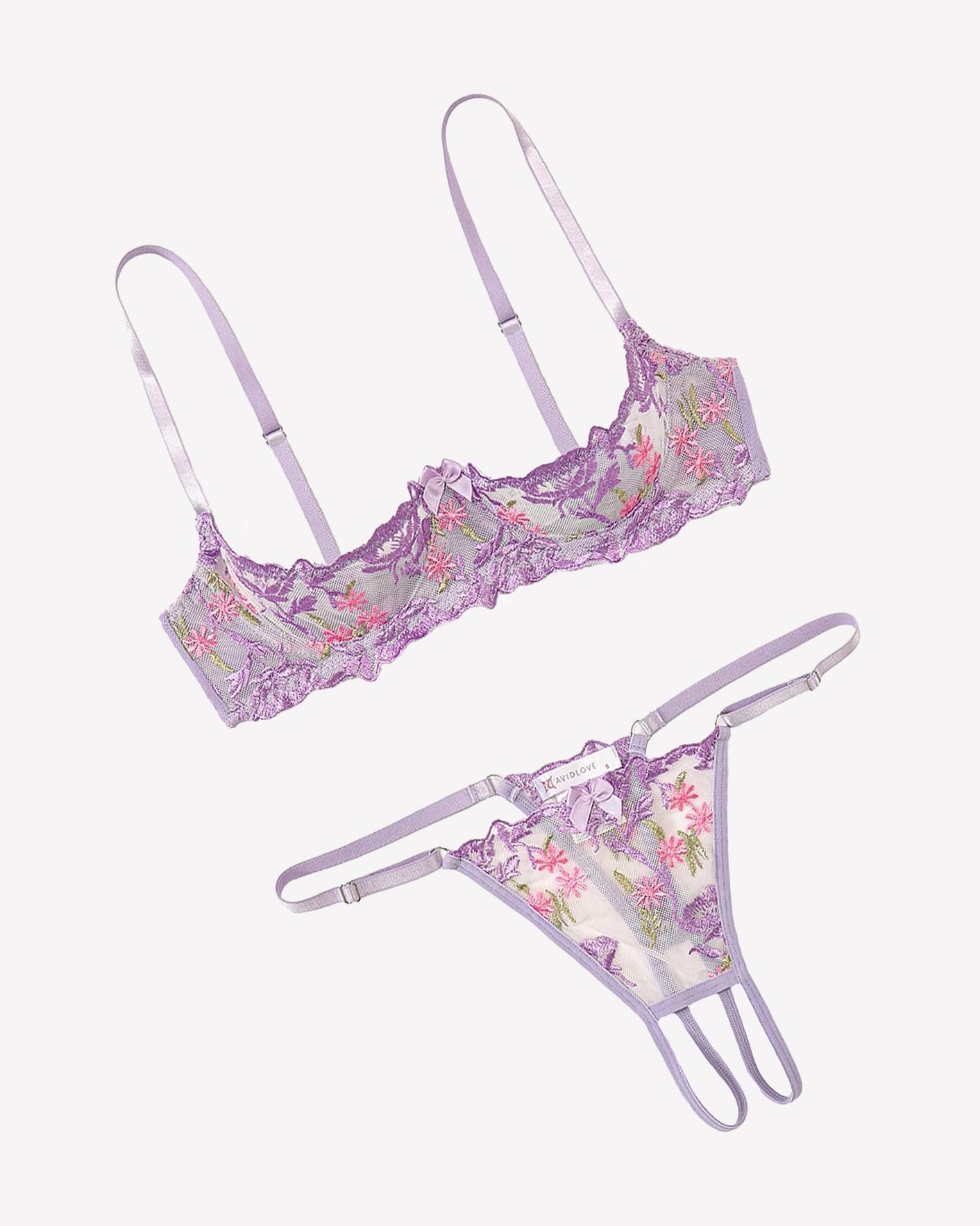 Embroidered underwire bra and thong set in lilac lace with floral embroidery