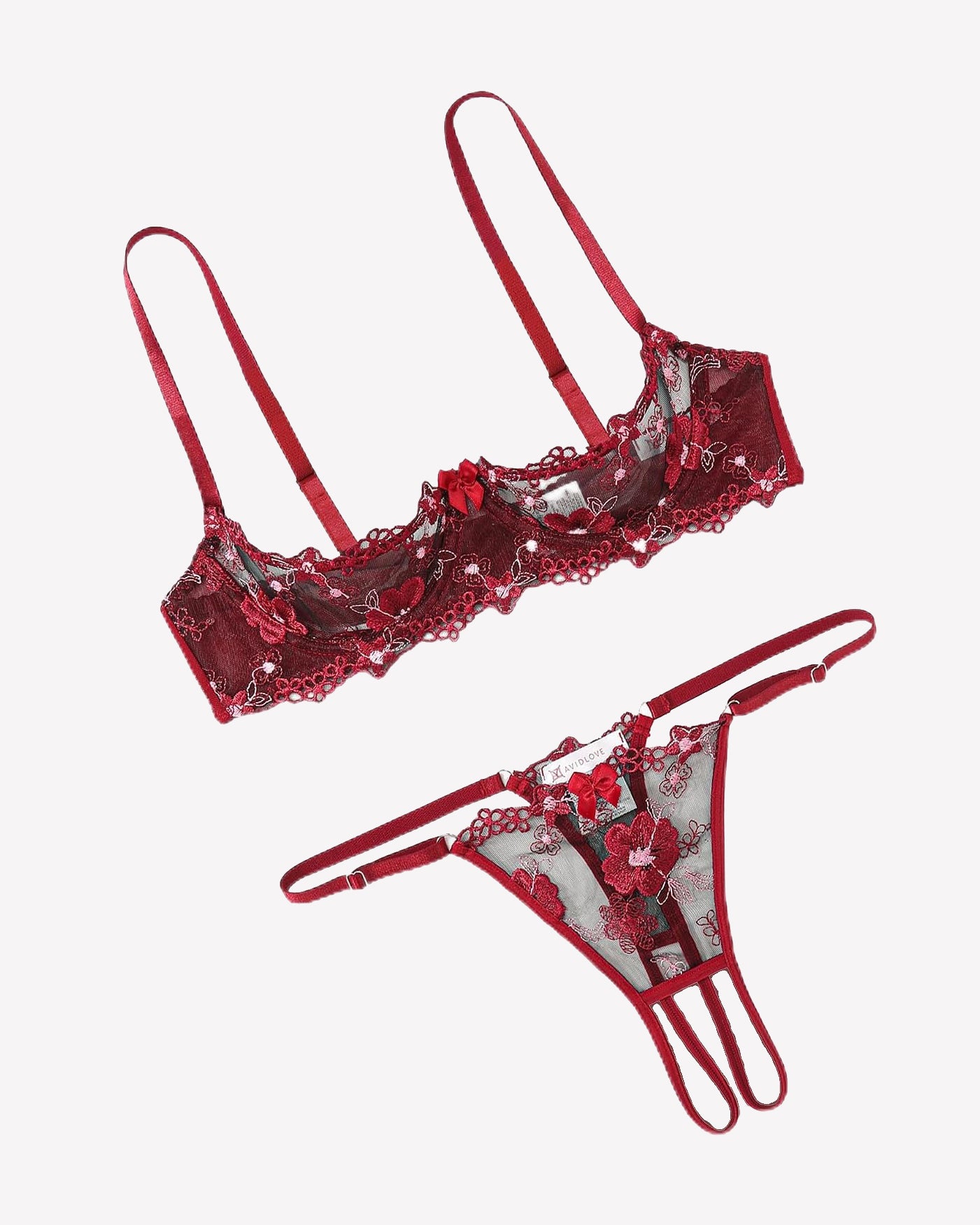 Embroidered underwire bra and thong set in dark red lace with floral embroidery