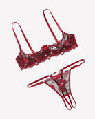 Embroidered underwire bra and thong set in dark red lace with floral embroidery
