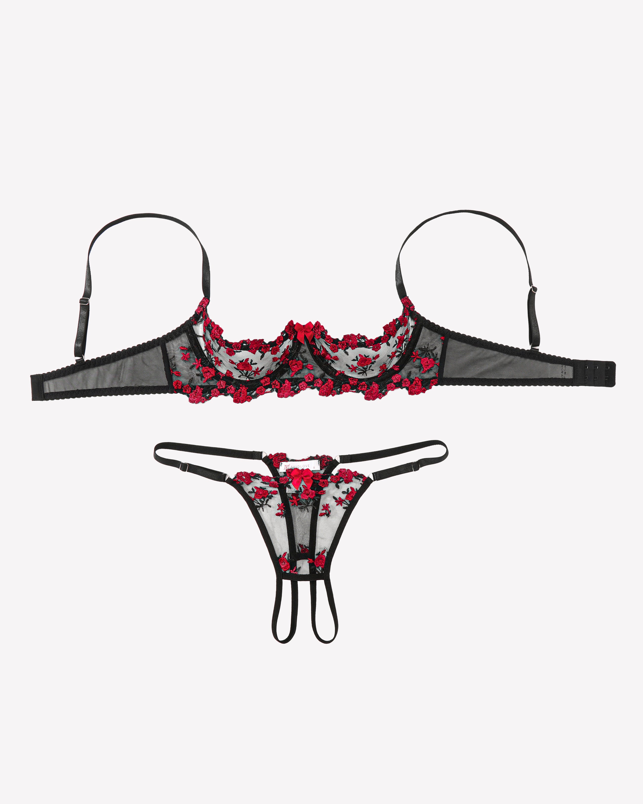 Embroidered bra and panty set with open cups, black lingerie with red lace and ruffle trim