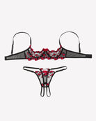 Embroidered bra and panty set with open cups, black lingerie with red lace and ruffle trim