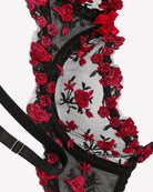 Embroidered sheer panty with black mesh and red floral lace, close-up