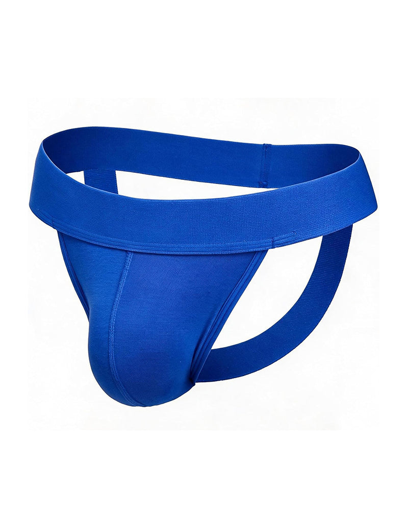 Men's blue athletic jockstrap with wide waistband, 3D pouch, and open back