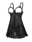 Front view of a black sheer babydoll with lace-trimmed cups and adjustable straps