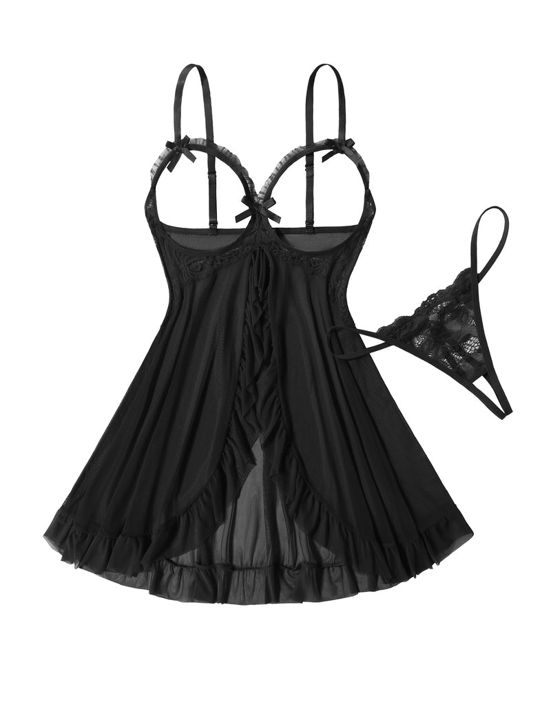 Black sheer babydoll with lace bust and matching thong shown beside it