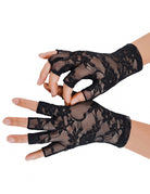Floral lace fingerless gloves, short wrist, black floral lace wrap cuffs