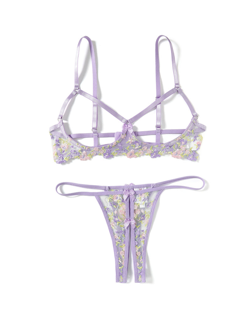 Lilac floral embroidered sheer mesh strappy wireless bra and thong lingerie set