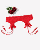 Carmine red lace suspender garter belt, four strap set with bow accents