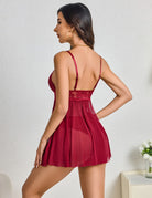 Back view of wine red sheer babydoll with lace band and thin straps