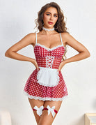 Red gingham mesh babydoll lingerie set with white lace trim, crisscross corset panel, garters