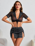 Black plaid schoolgirl costume set with tie-front mesh crop top and mini skirt