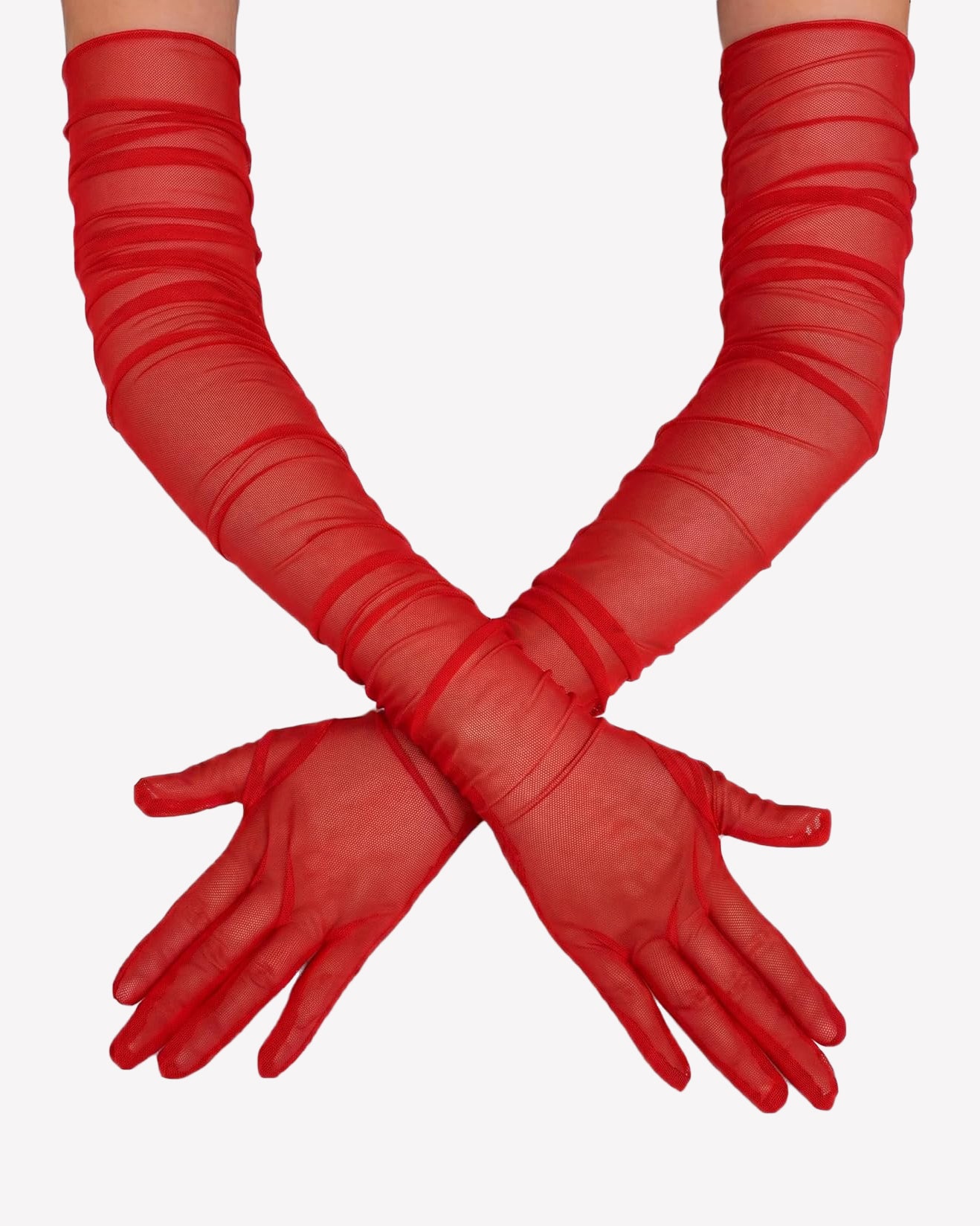 Red sheer tulle mesh elbow-length opera gloves with draped, layered bands.