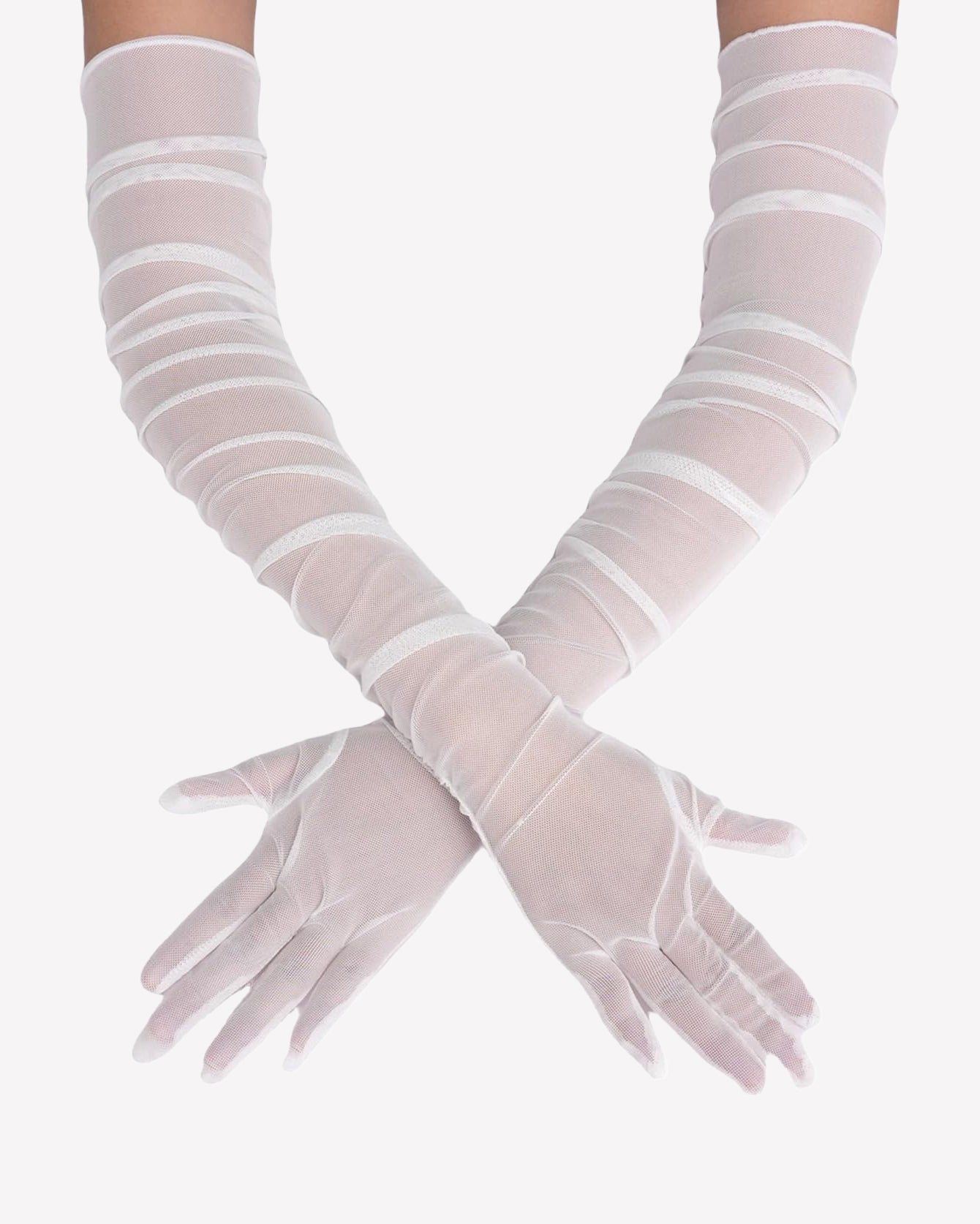 White sheer tulle mesh elbow-length opera gloves with striped layered bands.