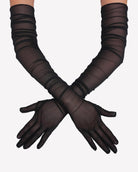 Black sheer tulle mesh elbow-length opera gloves with stacked band details.