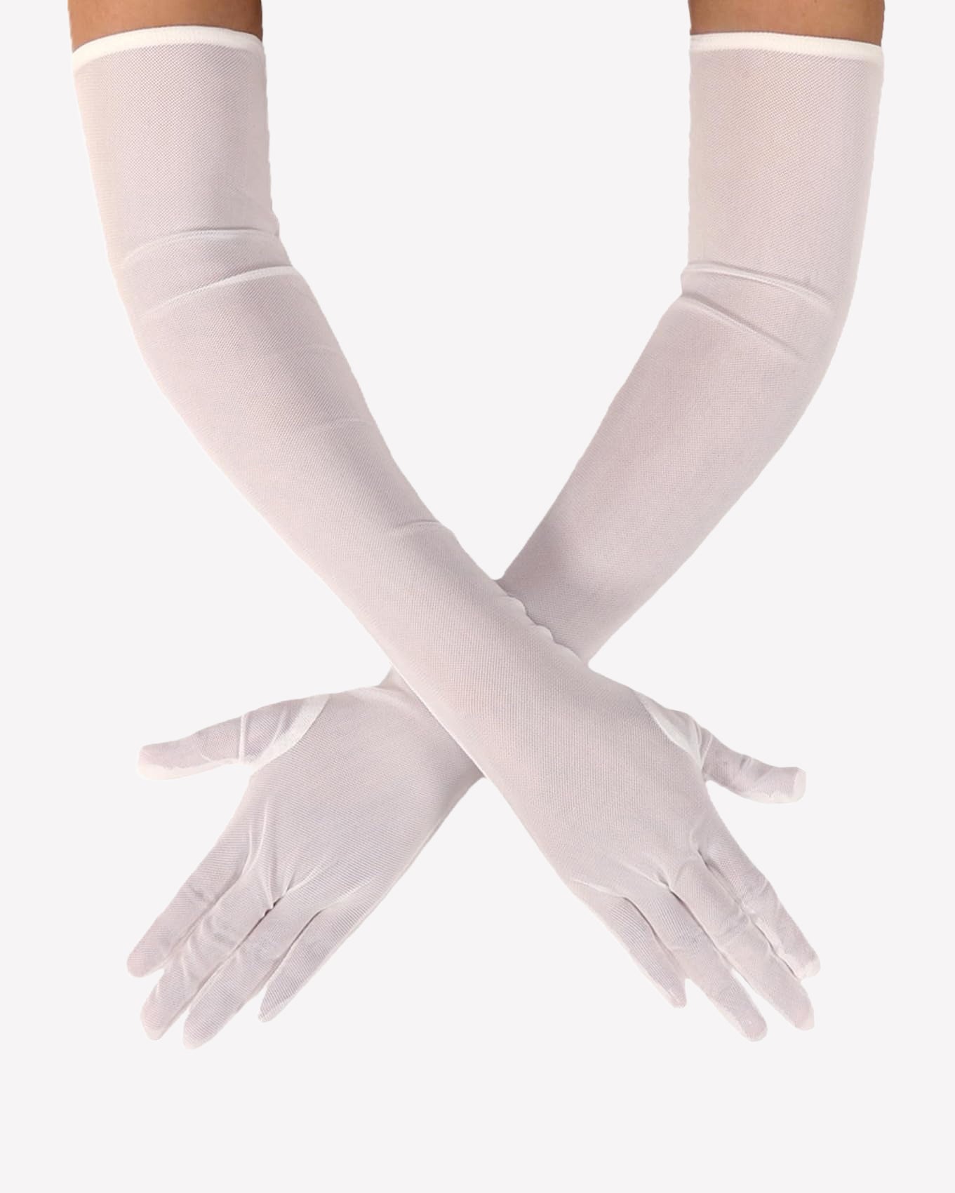 White sheer tulle mesh elbow-length opera gloves with draped layered fabric.