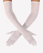 White sheer tulle mesh elbow-length opera gloves with draped layered fabric.