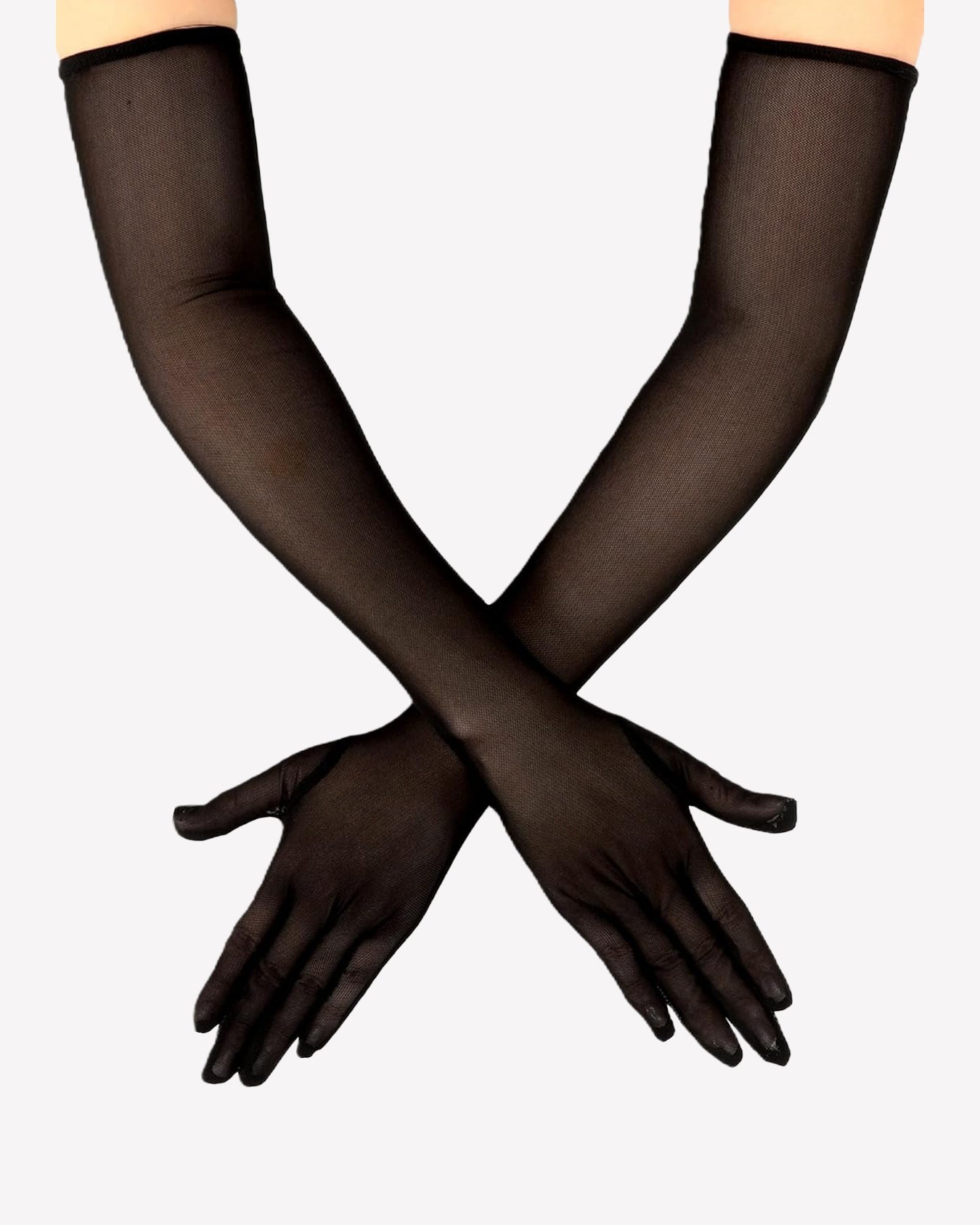 Black sheer tulle mesh elbow-length opera gloves with long finger tips and bands.